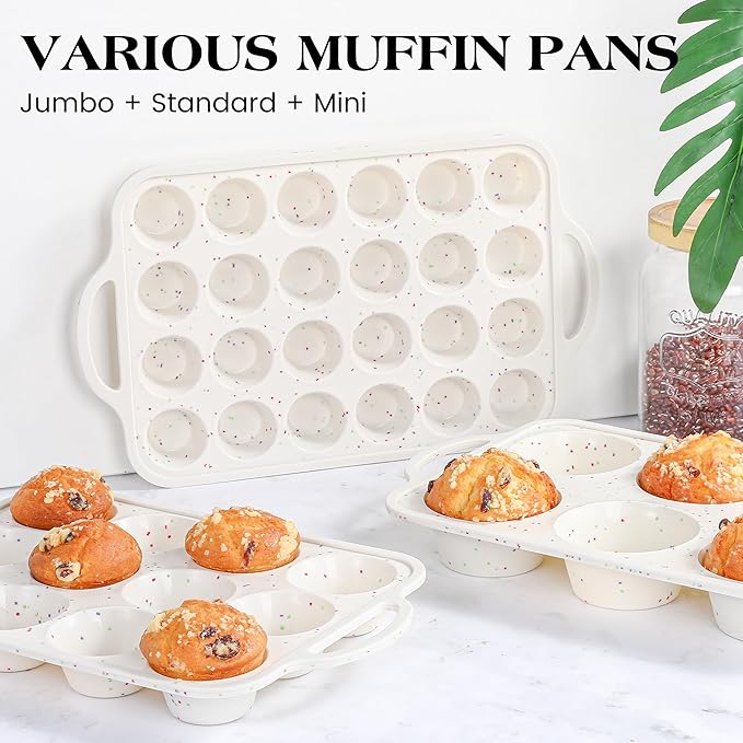 2 Pcs Silicone Muffin Pan for Baking with Metal Frame, Nonstick 12 Cup Regular Size Cupcake Pan, Silicone Muffin Tray for Egg Bites (Cream)