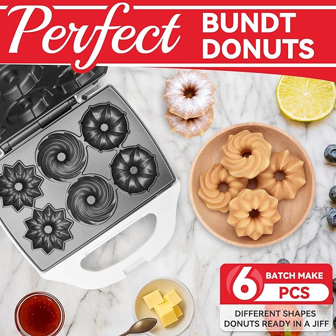 SugarWhisk Mini Donut Maker Machine, Electric Mini Bundt Cake Pan, Bake 6 Bundt Doughnuts with 3 Shapes, Excellent for Breakfast, Snacks, Desserts & More