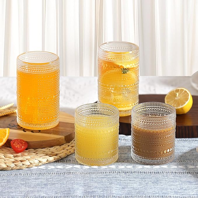 Moretoes Hobnail Drinking Glasses Set of 12, Vintage 15 Oz Highball Glasses & 10 Oz Cocktail Glasses, Clear Embossed Boho Glass Cups Kitchen Bar Tumbler Glassware Set for Whiskey, Beer, Juice, Milk