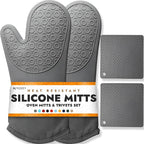 HOMWE Silicone Oven Mitts and Pot Holders, 4-Piece Set, Heavy Duty Cooking Gloves, Kitchen Counter Safe Trivet Mats, Advanced Heat Resistance, Non-Slip Textured Grip, Gray