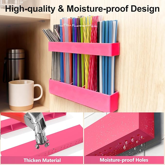 9.5” Large Acrylic Straw Holder for Cabinet Door, Reusable Adjustable Two-Part Straws Organizer with Ultra Sticky Adhesive Strips, 2026 Straw Storage for Kitchen Cupboard (Hot Pink)