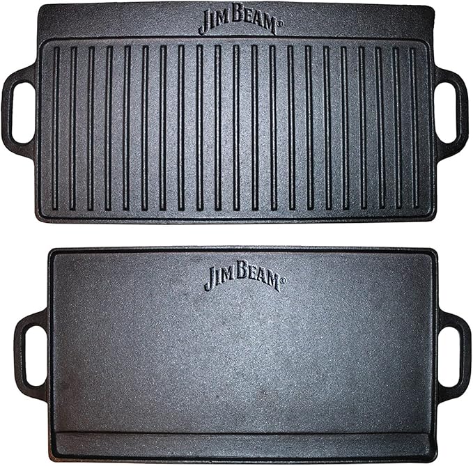 Jim Beam Pre Seasoned Heavy Duty Construction Double Sided Cast Iron Griddle Pan with Superior Heat Retention, 20"x1"x9", Black (JB0168)