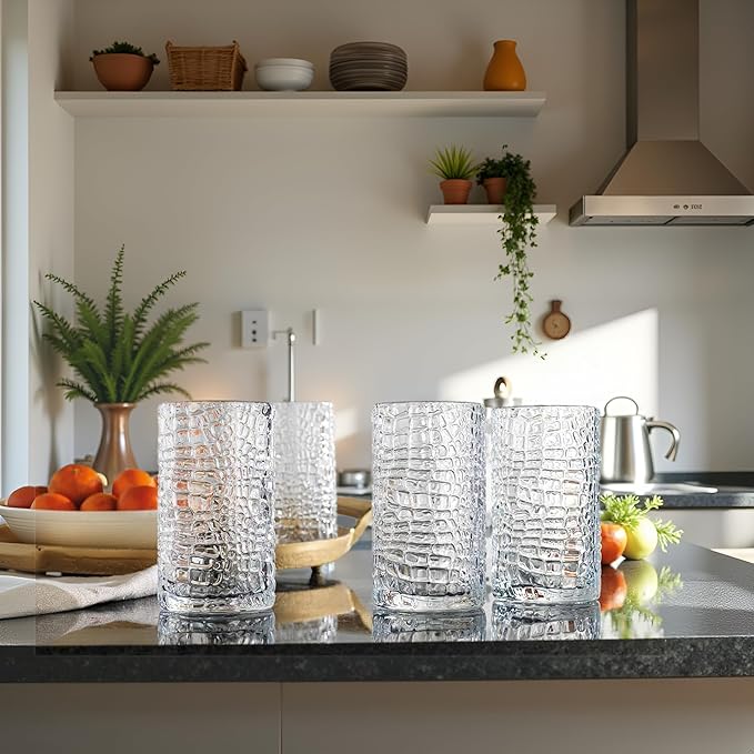 Glaver's Highball Drinking Glasses, Set of 4 Clear 15 Ounce Patent Crackle Design Textured Drinking Glasses Heavy Duty premium Glassware for Everyday Home, Bar use