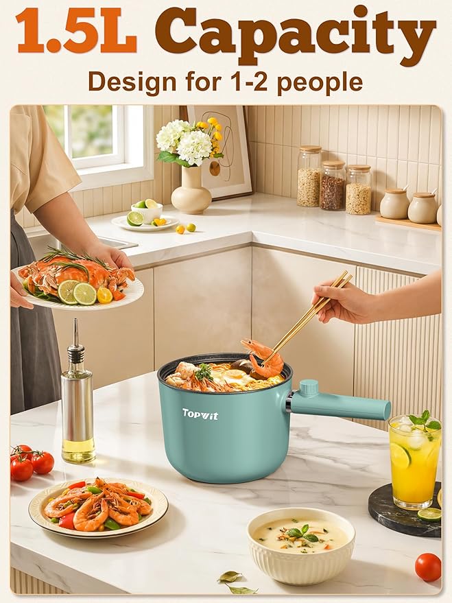 Topwit Hot Pot Electric, 1.5L Ramen Cooker, Portable Non-Stick Frying Pan, Hot Pot for Pasta, Steak, BPA Free, Electric Cooker with Dual Power Control, Over-Heating & Boil Dry Protection, Green