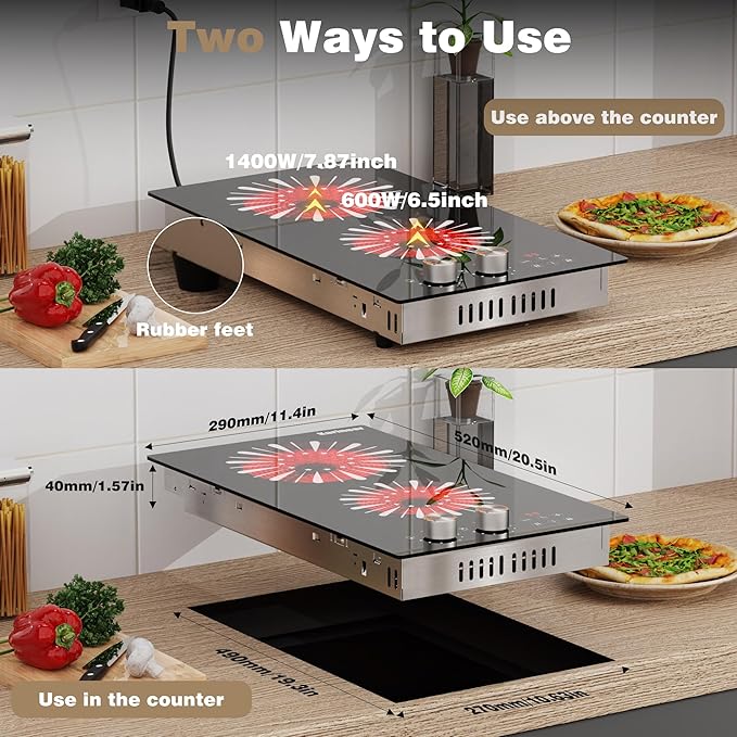 Karinear 110V Electric Cooktop 2 Burners, 12 Inch Electric Stove with Plug in, Countertop & Built-in Ceramic Stove Top, Knob and Sensor Touch Control, Multifunctional Radiant Stove
