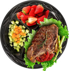 YANGRUI Disposable Plates 10" 150 Pack - Shrink Wrap BPA Free Mineral Filled PP Reusable Microwave Safe | Calcium Carbonate Reinforced Freezer Ready | Commercial Black 3 Compartment Plastic Plate