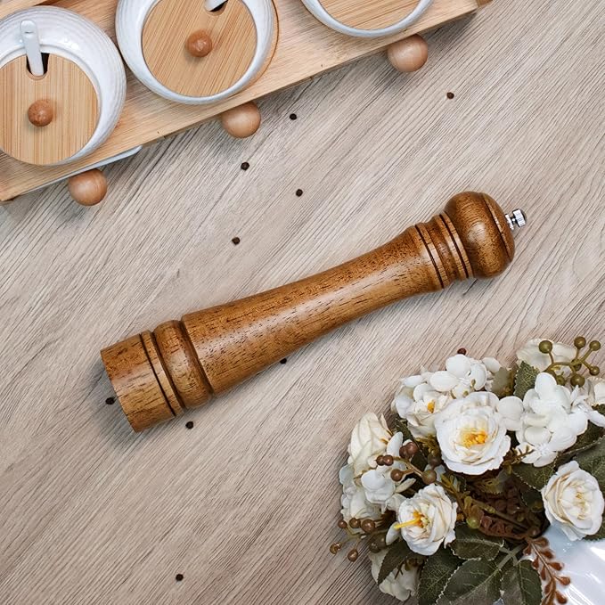 1 Pack - 10 Inch tall Wooden Pepper Mill or Salt Mill Elegan Pepper Grinder Wood with a Adjustable Ceramic Rotor and Easily Refillable - Oak Wood Salt Grinder for Your Kitchen