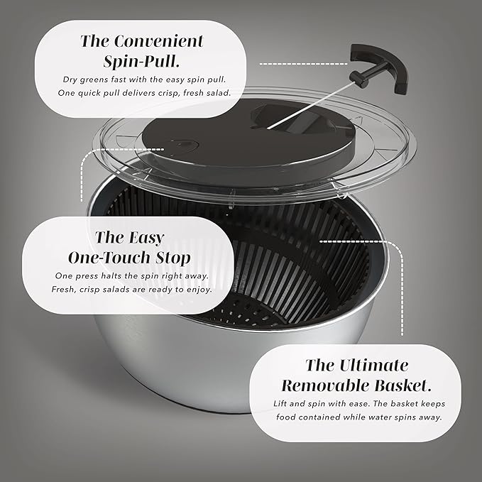 COOK WITH COLOR Stainless Steel Salad Spinner - 5 Qt. Lettuce Washer And Vegetable Spinner Dryer for Easy Salad Prep - Non Slip Base with Pull Handle - Auto Stop Brake System, Stain and Odor Resistant