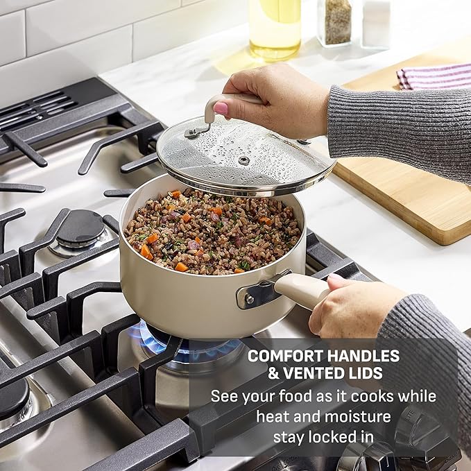 T-Fal Signature Nonstick 12 Piece Cookware Set, Oven Safe Up to 350°F, Dishwasher Safe, Pots and Pans Set, Includes Frying Pans, Saucepan, Stockpot, Cooking Utensils, Beige