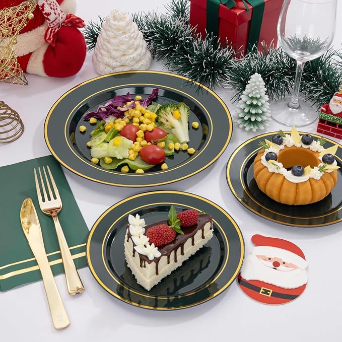 NOCCUR 200PCS Green Plastic Plates for 100 Guests - Include 100PCS 10" Dinner/ 100PCS 7" Dessert Disposable Plates Heavy Duty - Ideal for Party/Wedding/Christmas