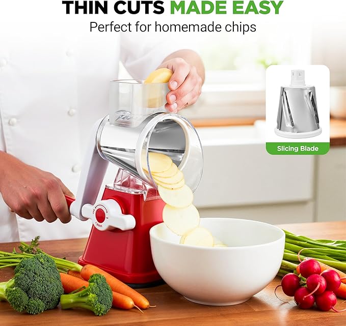 Nutrichef 3 in 1 Cheese Grater & Shredder | Strong Suction Base, Rotary Handle with Safety Lock | Includes Hand Crank & 3 Drum Blades for 3 Textures, Fine, Medium & Strips | Red