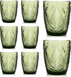 Vintage Green Drinking Glasses Set of 8 - 10 oz Hand-Pressed Deep Textured Glass Cups, Fern Embossed Retro Vintage Glassware, Decorative Cocktail Tumblers for Home & Bar, Colored Drinkware Gift Set