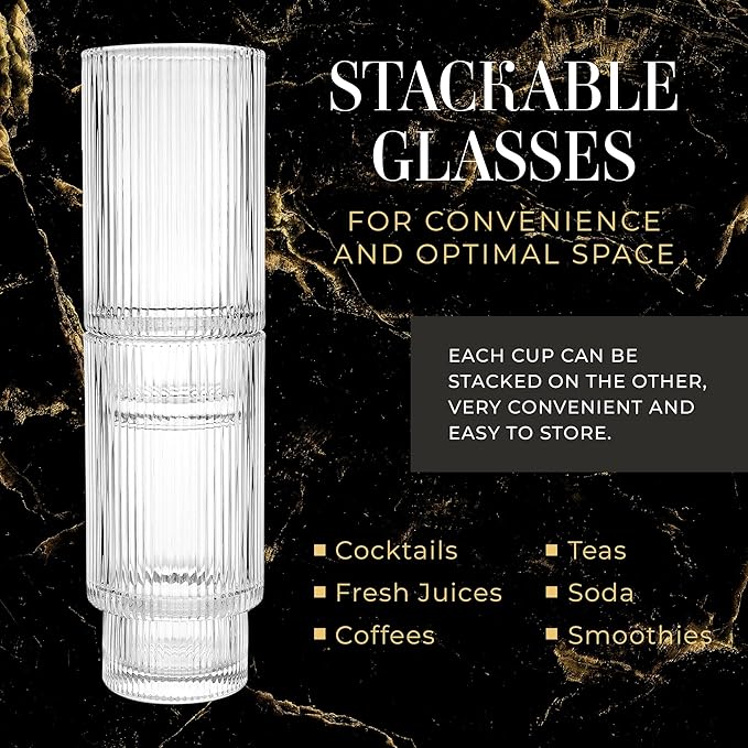 Kitchen Lux Ribbed Drinking Glasses - Ribbed Glass Cups 12 oz - Ribbed Glassware Set of 6 - Textured Vintage Retro Ripple Aesthetic Glass Ware for Whiskey Cocktail Beer Water, Coffee Bar Accessories