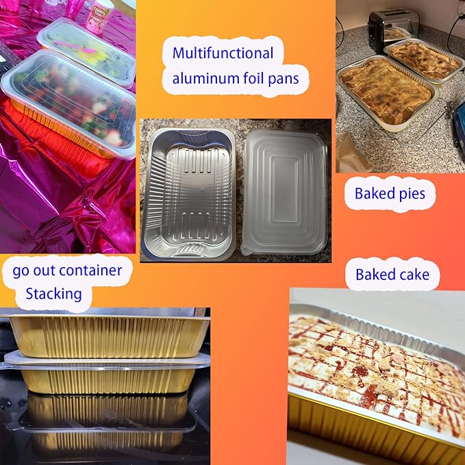 Gold Aluminum Foil Baking Pans with lids Heavy-Duty 9"×13"(10pack+10Lids), Disposable Food containers reusable F330(3500ML)