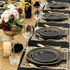 NOCCUR 200PCS Black and Gold Plastic Plates for 100 Guests - Include 100PCS 10" Dinner/ 100PCS 7" Dessert Disposable Plates Heavy Duty - Ideal for Party/Birthday/New Year