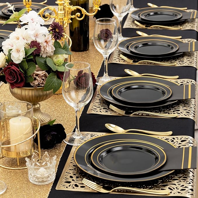 NOCCUR 200PCS Black and Gold Plastic Plates for 100 Guests - Include 100PCS 10" Dinner/ 100PCS 7" Dessert Disposable Plates Heavy Duty - Ideal for Party/Birthday/New Year