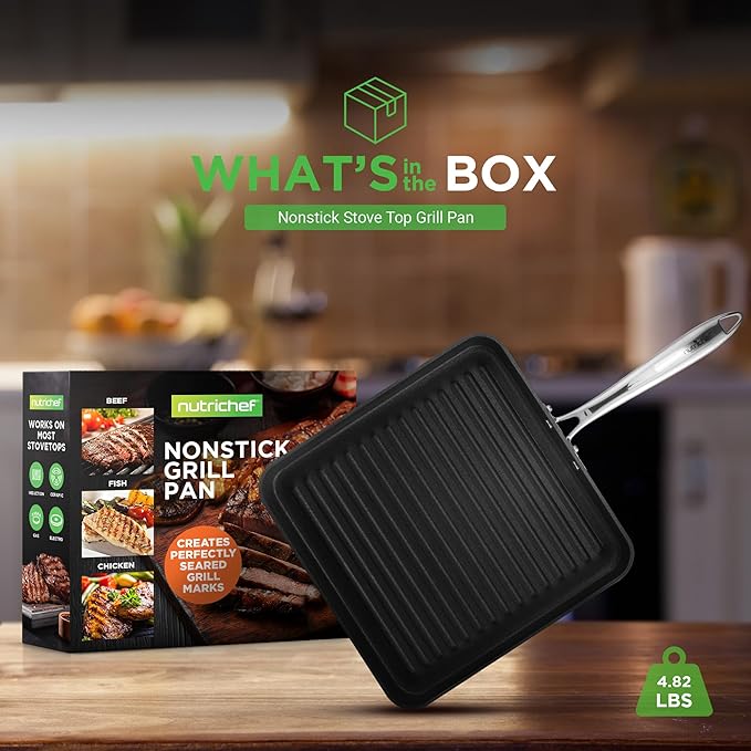 NutriChef 11" Non-Stick Grill Pan for Indoor Cooking - Hard Anodized Grill Pan for Stove Tops with High Ridges, Strong Handles, Dishwasher Safe