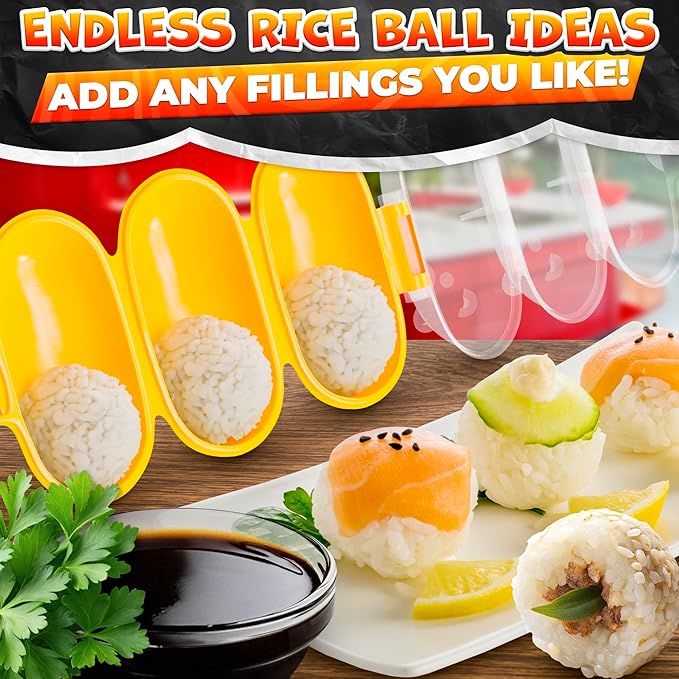 Rice Ball Mold - Mini Rice Ball Maker Mold with 3 Bite-Size Portions, Plastic Shaker with Scoop for Fast Shake Shaping – Versatile Tool for Bento Meals, Temari Sushi, Yaki-Onigiri & Creative Plating