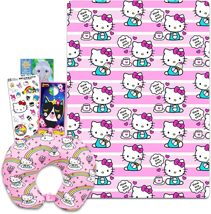 Hello Kitty Neck Pillow and Blanket Set - Bundle with Hello Kitty Fleece Blanket, Travel Neck Pillow, Stickers, Create a Face Activity Book, and More