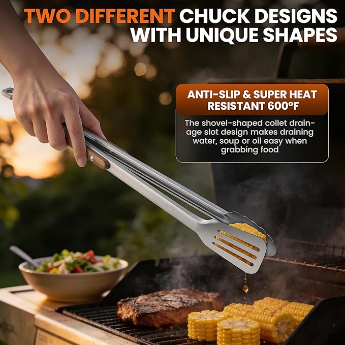 16-Inch Grill Tongs - Extra Long BBQ Tongs with Wood Handles - Heavy Duty Heat Resistant Barbecue Tong Stainless Steel Metal Tong for Cooking, Grill, Grilling, Charcoal, BBQ, Barbecue, Serving