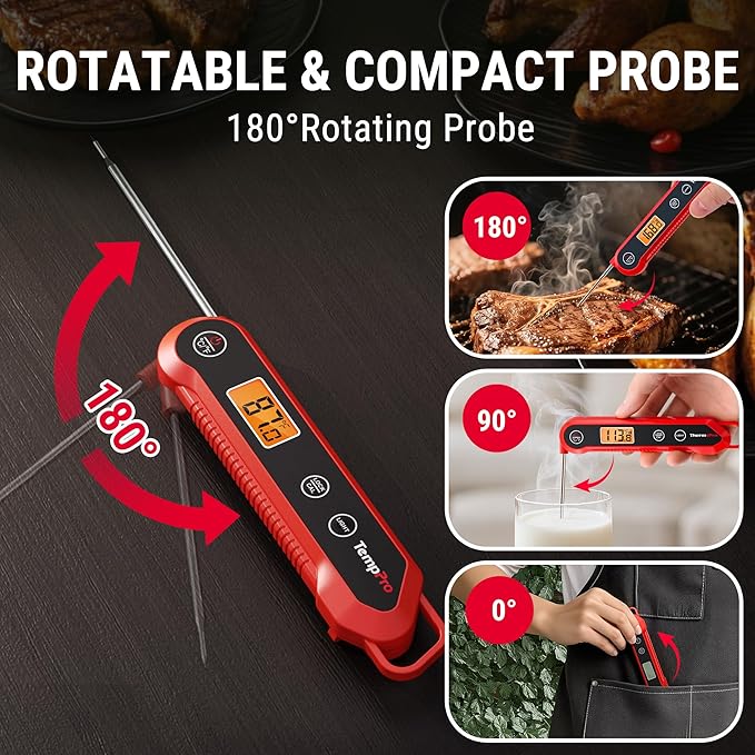 TempPro 1-2 Sec Instant Read Digital Meat Thermometer, ±0.9°F Accuracy, Waterproof & Backlight Food Thermometer for Cooking, Oil Fry Candy Meat Probe for Kitchen, BBQ, Oven, Grill, Smoker