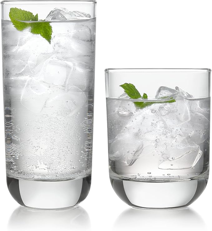 Libbey Drinking Glasses Polaris Tumbler and Rocks Set of 16, Clear, Sturdy Drinkware Glasses Set, Kitchen Glassware for Cocktails, Soda, and More