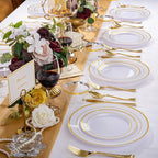 WELLIFE 300 PCS Gold Dinnerware Set for 50 Guests, Gold and White Disposable Plastic Plates for Party, 50 Dinner & Salad Plates, 50 Cups Forks Knives Spoons for Wedding and Party Supplies