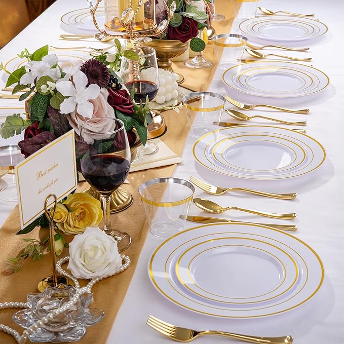 WELLIFE 600 PCS Gold Disposable Dinnerware Set for 100 Guests, Gold and White Plastic Plates for Party, 100 Each-Dinner & Salad Plates, Cups, Forks Knives Spoons for Christmas Wedding and Party