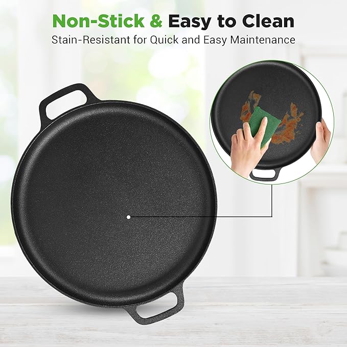 NutriChef 13-Inch Flat Cast Iron Pizza Pan - Versatile Pre-Seasoned Round Cooking Griddle w/ Built-In Handles for Oven, Grill, Stove, and Campfires