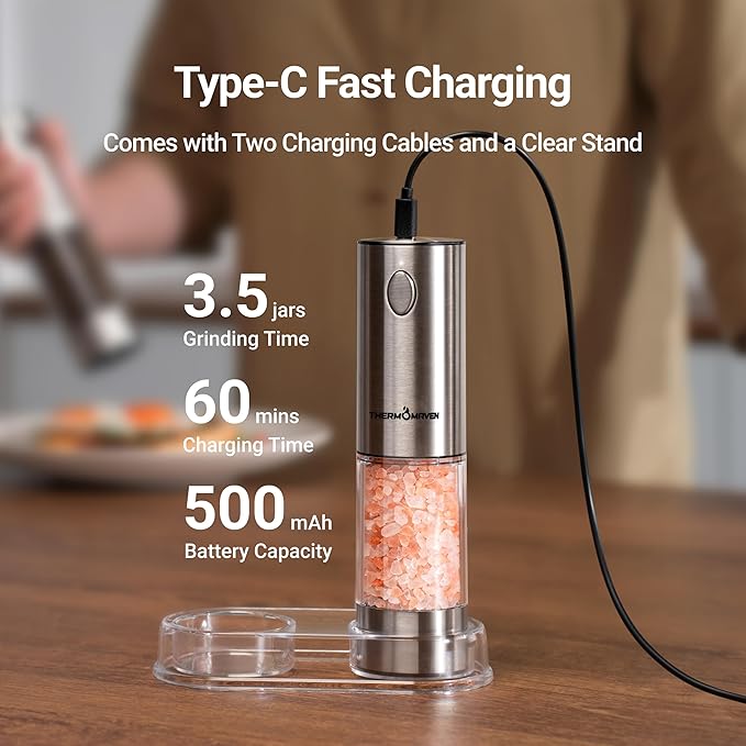 ThermoMaven Electric Salt and Pepper Grinder Set, 110ml Larger Rechargeable Automatic Salt and Pepper Mill Grinder with 6 Adjustable Coarseness, Electric Salt and Pepper Shakers, LED, Navy Blue