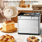 KBS Pro 710W 2LB Bread Maker, Stainless Steel 17-in-1 Smart Bread Machine with Healthy Ceramic Pan, Automatic Nut Dispenser, Tempered Glass Touch Panel, 3 Crust Colors, 15H Timer& Keep-Warm, Recipes