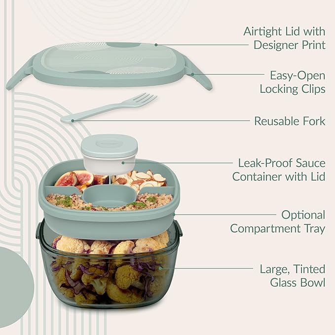 Bentgo Glass Prints All-in-One Salad Container - 61oz Tinted Glass Salad Bowl with Lid, Bento-Style Tray, Sauce Container, & Reusable Fork - Dishwasher & Microwave Safe (Mod Curve - Serene Green)