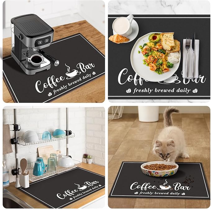 CooRug Absorbent Coffee Mat, Fashion Dish Drying Mat for Kitchen Counter Coffee Bar Accessories Espresso Machine Dish Rack 17" x 32" Black