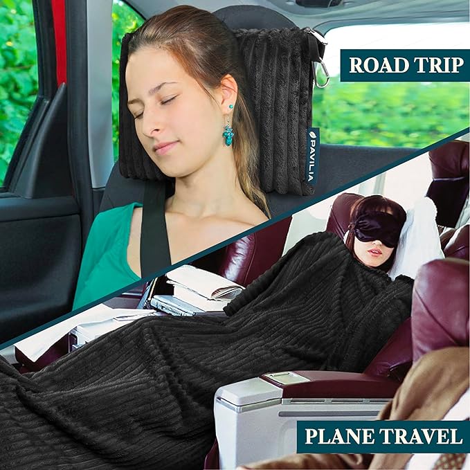 PAVILIA Travel Blanket Pillow, Airplane Blanket Set in Soft Bag with Pockets, Plane Blanket Compact Packable, Flight Essentials Car Pillow, Travelers Accessories Gifts, Luggage Strap, Black