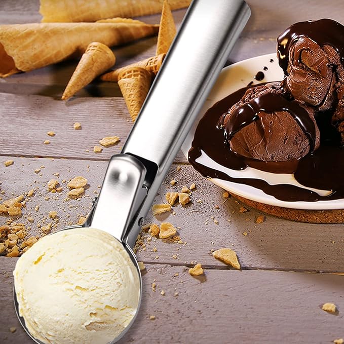 Ice Cream Scoop, 2Pcs Stainless Steel Silver Cookie Scoop with Trigger Melon Baller Scooper Cones, Specialty Tools and Gadgets, Ice Cream Spoon Food Scoop for Frozen Yogurt Sundaes Fruit Cookie