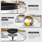 P&P CHEF Mixing Bowls with Airtight Lids Set of 5, 10-Piece Stainless Steel Mixing Nesting Bowl, Metal Bowl with Lid for Kitchen Prepping & Storing, Size 4.6, 3, 1.5, 1, 0.7 QT, Black