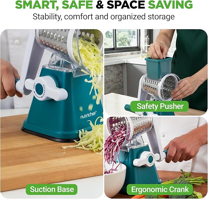 NutriChef 3 in 1 Cheese Grater & Shredder | Strong Suction Base, Rotary Handle with Safety Lock | Includes Hand Crank & 3 Drum Blades for 3 Textures, Fine, Medium & Strips | Green