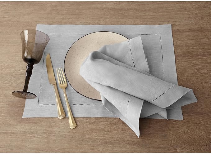 Solino Home Linen Napkins Set of 6 - Classic Hemstitch 100% Pure Linen Soft Grey Dinner Napkins Cloth 20 x 20 Inch for Winter, New Year - Handcrafted and Machine Washable