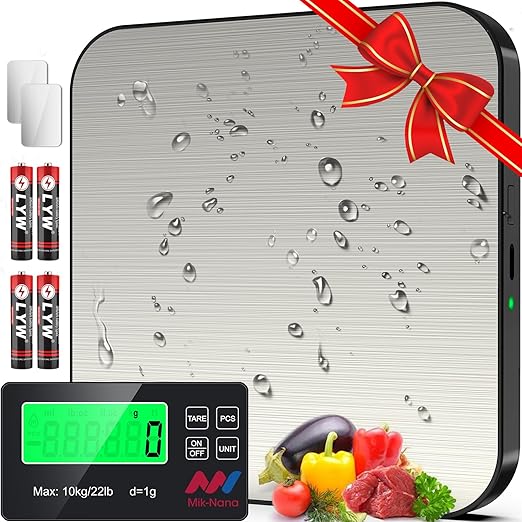 Mik-Nana Food Scale, 22lb Digital Kitchen Scale with 7 Units LCD Display & Tare Function, Stainless Steel Weight Grams and Ounces for Baking, Cooking and Meal Prep (Batteries Included)