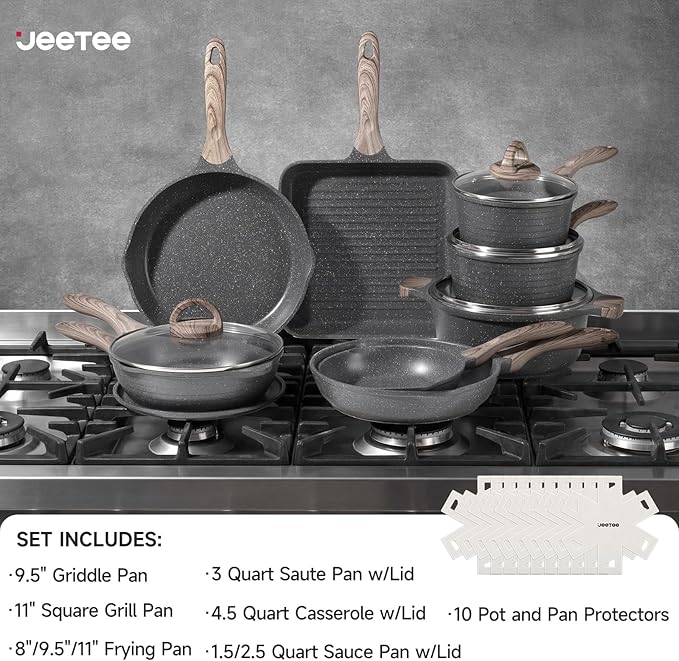 JEETEE Pots and Pans Set Non Stick 23pcs, Healthy Kitchen Cookware Sets, Induction Cooking Set W/Gray Frying Pans, Saucepans, Sauté & Griddle & Crepe Pan (PFOA, PFAS Free)