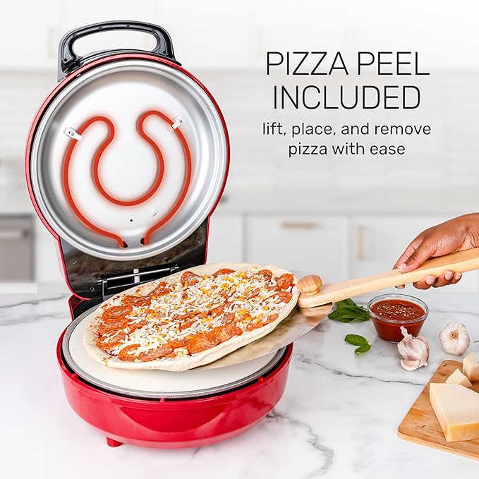 Homecraft Stone Baked Pizza Oven – 12in Woodfired Style Indoor Electric Countertop Pizza Maker – Ceramic Stone & Stainless Steel Peel – Variable Temp Control to 750°F – Homemade Pizza in Minutes-Red
