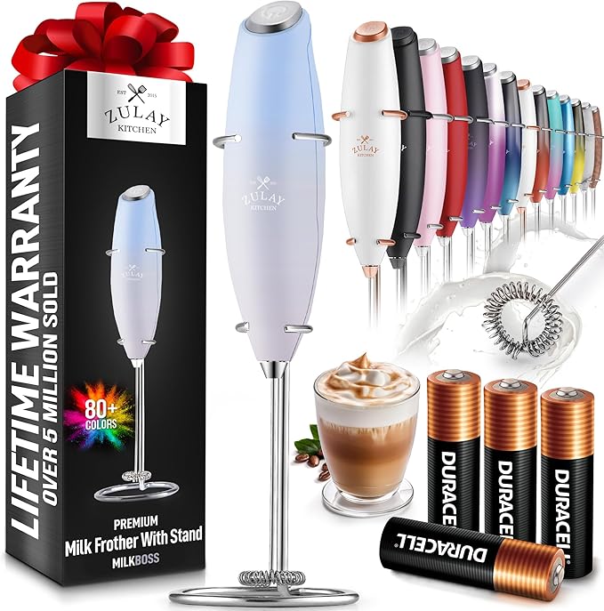 Zulay Kitchen Powerful Milk Frother Wand With 4 AA Duracell Batteries - Ultra Fast Handheld Drink Mixer - Electric Whisk Foam Maker for Coffee, Lattes, Cappuccino, Matcha & Creamer - Cloud
