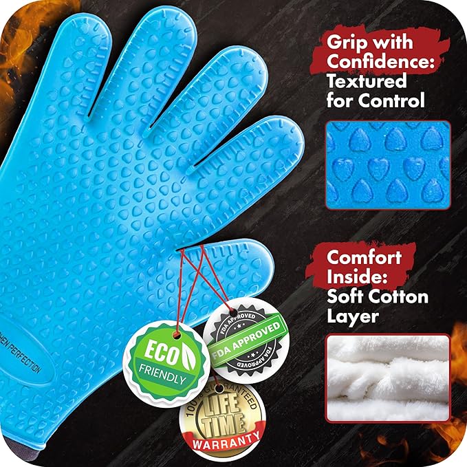 KITCHEN PERFECTION Silicone Smoker Oven Gloves-Extreme HeatResistant BBQ Gloves-Handle Hot Food Right on Your Grill BBQ Fryer&Pit|Waterproof Grilling Cooking Baking Mitts|Superior Value Set+3 Bonuses