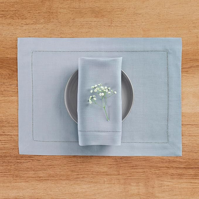 Solino Home Dusty Blue Linen Napkins Set of 4-100% Pure Linen Hemstitch Dinner Napkins 20 x 20 Inch for Winter - Classic Hemstitch