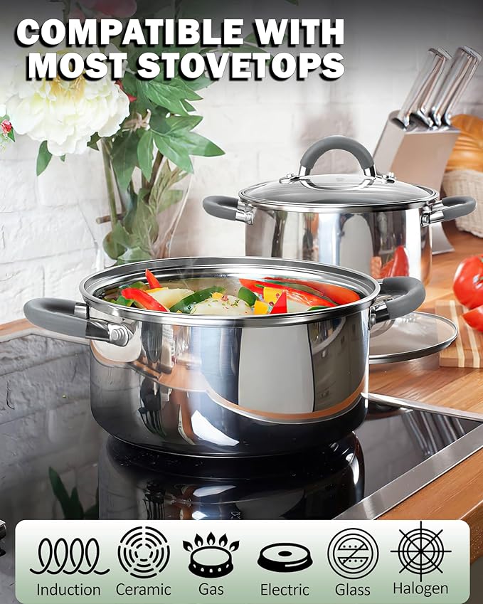 Cook N Home Stainless Steel Pot Set with Glass Lid, 6 Pieces Basics Cookware Set with Stay-Cool Silicone Handles, 1.5/3/5.5 Quarts Small Cooking Stock Pot Saucier Casserole