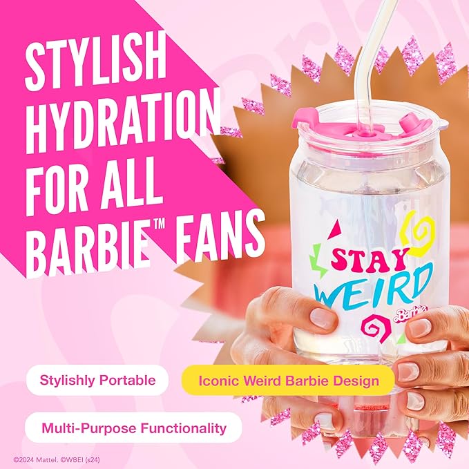 Dragon Glassware x Barbie The Movie - 16 oz Glass Cups with Lids and Straws, Set of 2 - Iced Coffee Cups with Lids - Versatile Glass Tumbler with Straw and Lid for Hot or Cold Drinks - Weird Barbie