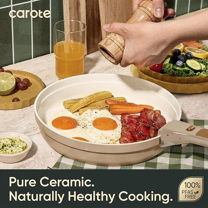 CAROTE 18 Pcs Ceramic Cookware Set Titanium Nonstick with Detachable Handles, Non Toxic Cookware, Pots and Pans Set Non Stick Removable Handles, Induction Available, Kitchen Cooking, Dishwasher Safe