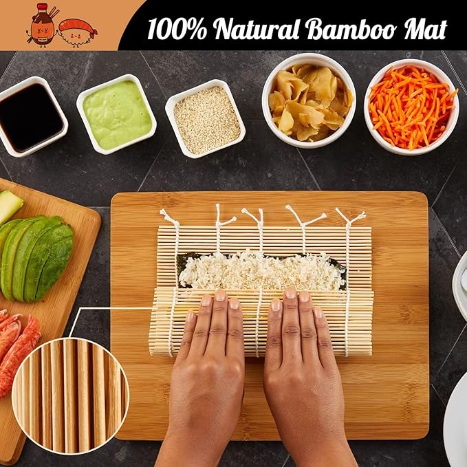 SmileTools No Plastic Bamboo Sushi Making Kit, Sushi Roller, 2 Bamboo Sushi Rolling Mats, 5 Pairs Chopsticks, Sauce Dish, Rice Paddle - Natural Sushi Maker Set for Beginners DIY Sushi at Home