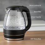 OVENTE Electric Kettle, 1.5L Borosilicate Glass Countertop Water Heater and Boiler for Coffee or Tea, BPA-Free, Auto Shut-Off, Boil-Dry Protection, Removable and Washable Spout Filter, Black KG83B