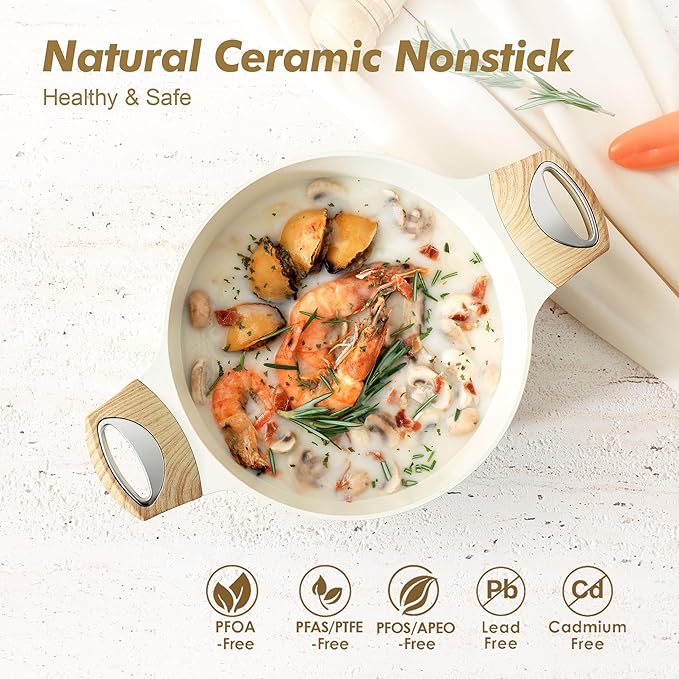 SENSARTE Ceramic Nonstick Stock Pot with Lid, 4.5+6.6 QT Soup Pot Set Casserole Pot, Non-toxic Healthy Pasta Pot, Large Cooking Pot Stew Pot, Induction Compatible, PFOA PFAS PTFE Free, White
